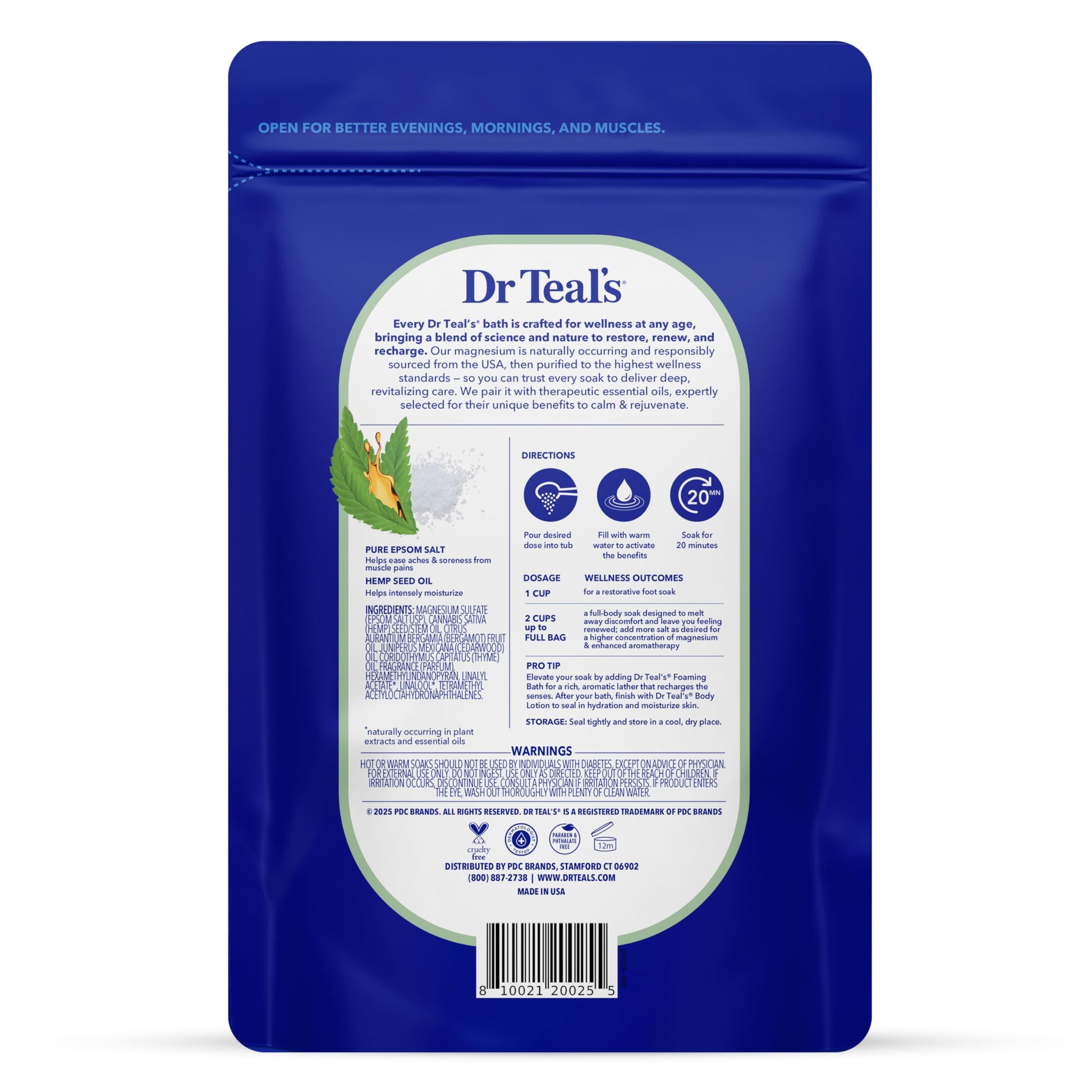 Dr Teal's magnesium sulfate bath soak with hemp seed oil back panel showing instructions