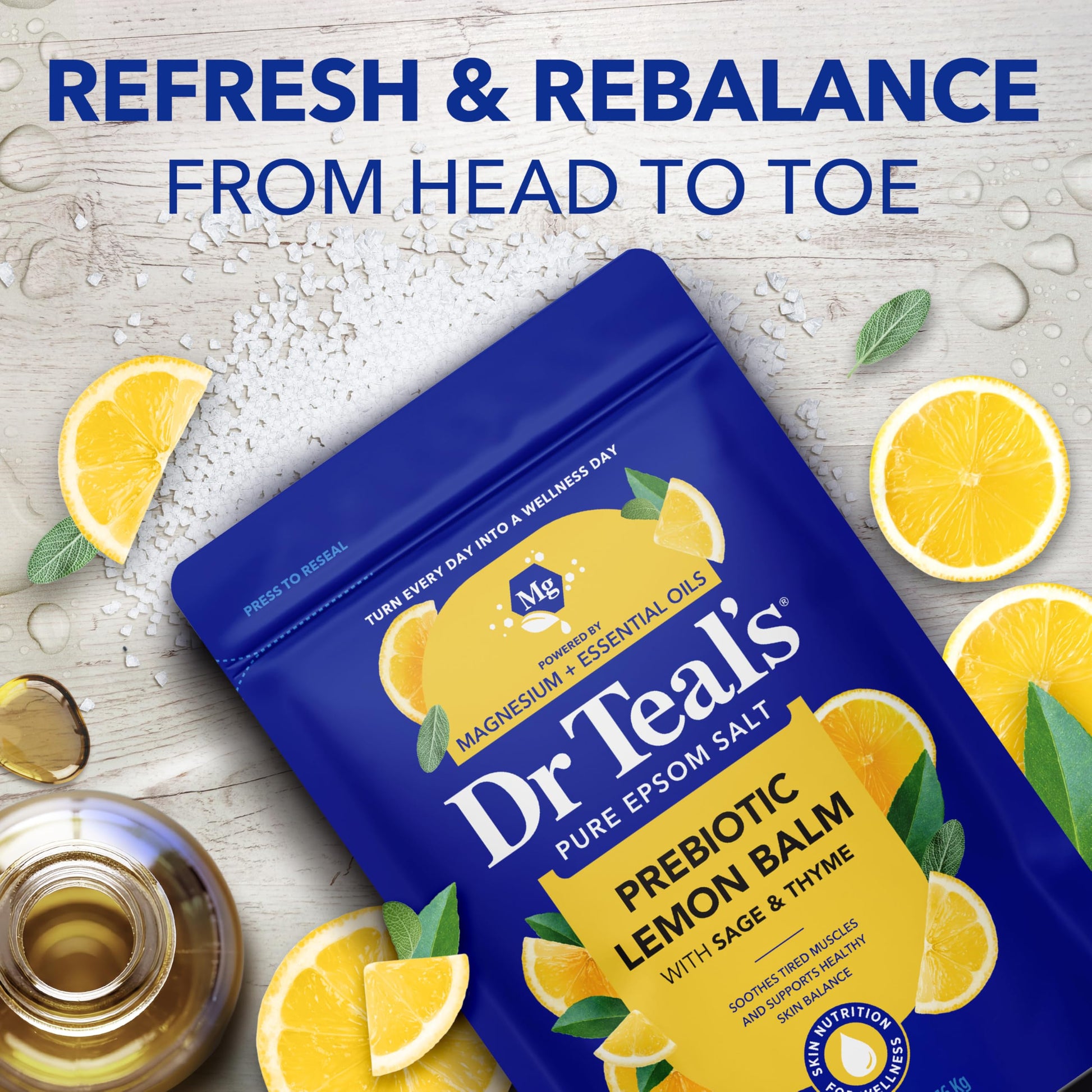 Dr Teal's pure epsom salt bag showing the prebiotic skin benefits and aromatherapy details.