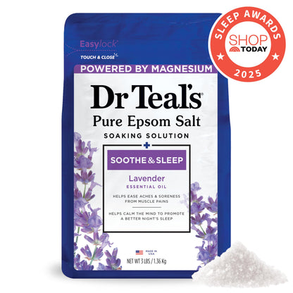 Dr Teal's pure Epsom salt soaking solution three pounds bag showcasing soothing properties