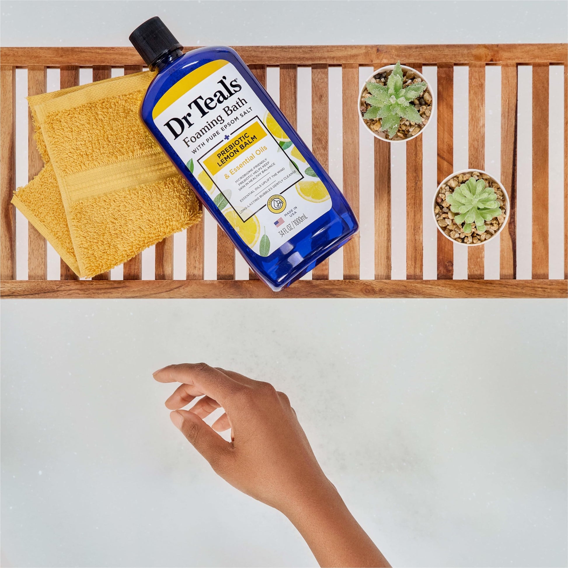 Dr Teal's microbiome friendly prebiotic lemon balm body and bath soak product collection.