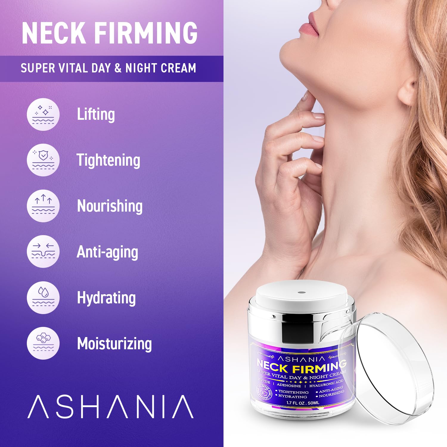 Ashania neck tightening cream showing pump applicator design.