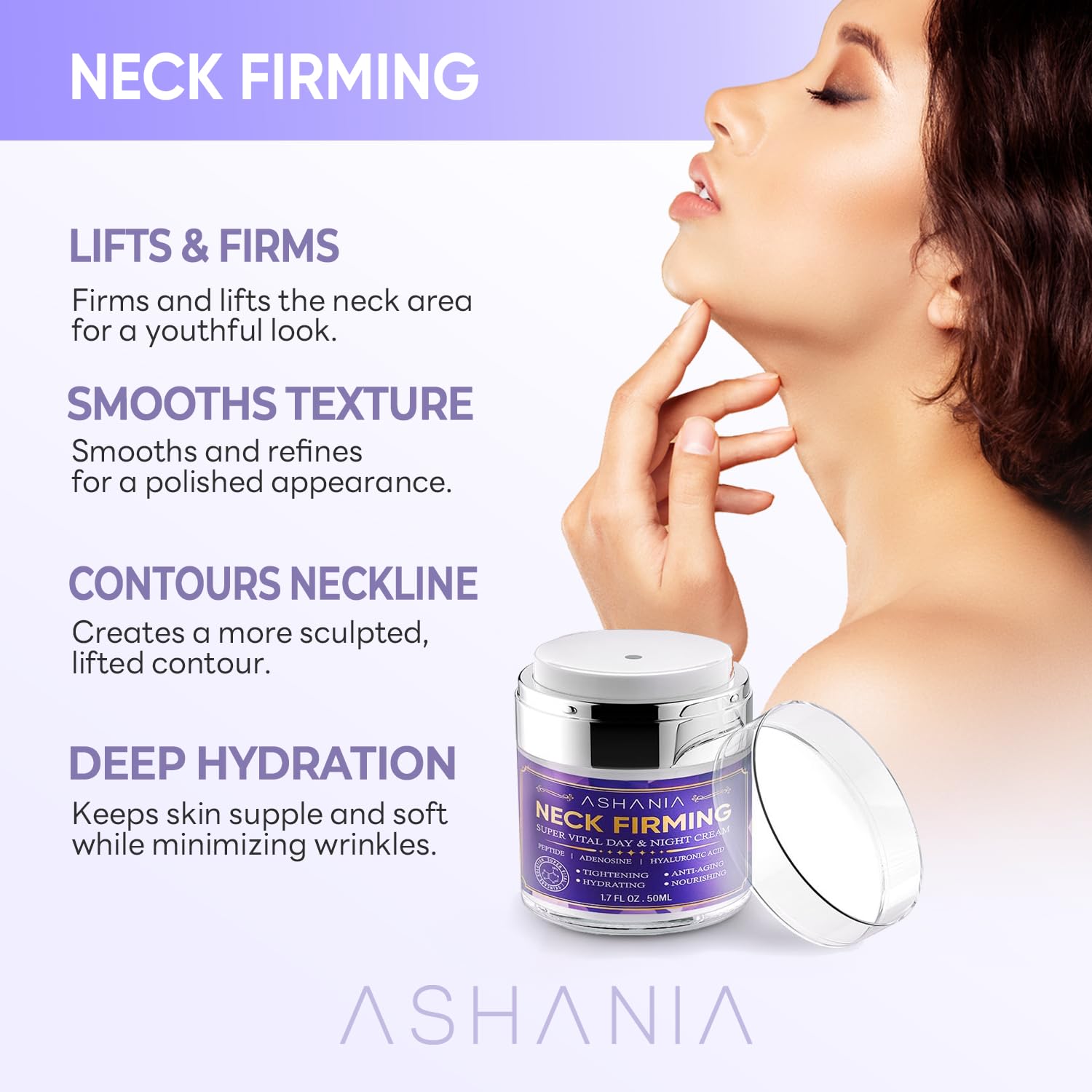 Close up of Ashania Korean skincare bottle for neck wrinkles.