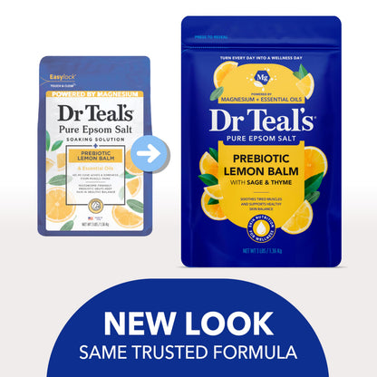 Back label of Dr Teal's Prebiotic Lemon Balm Pure Epsom Salt showing directions and ingredients