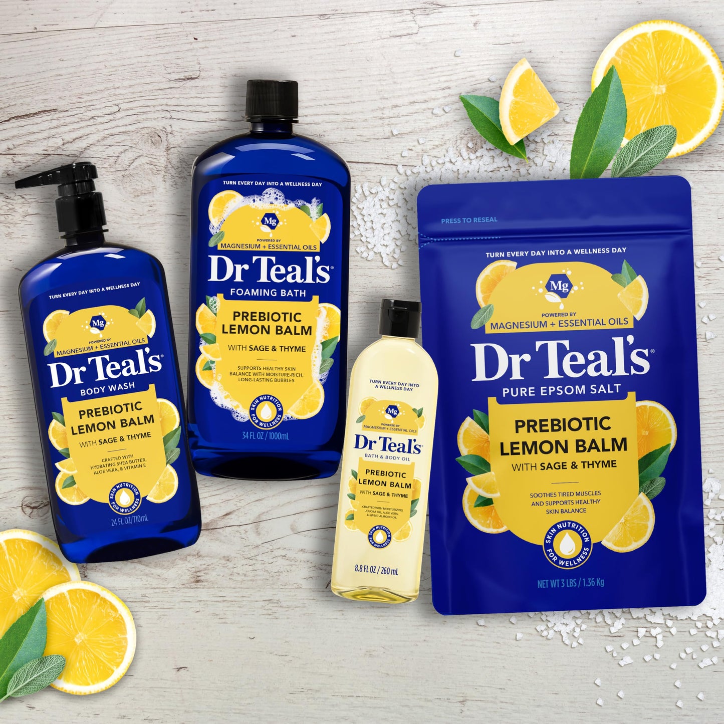 Dr Teal's Prebiotic Lemon Balm Pure Epsom Salt Soaking Solution base and barcode view