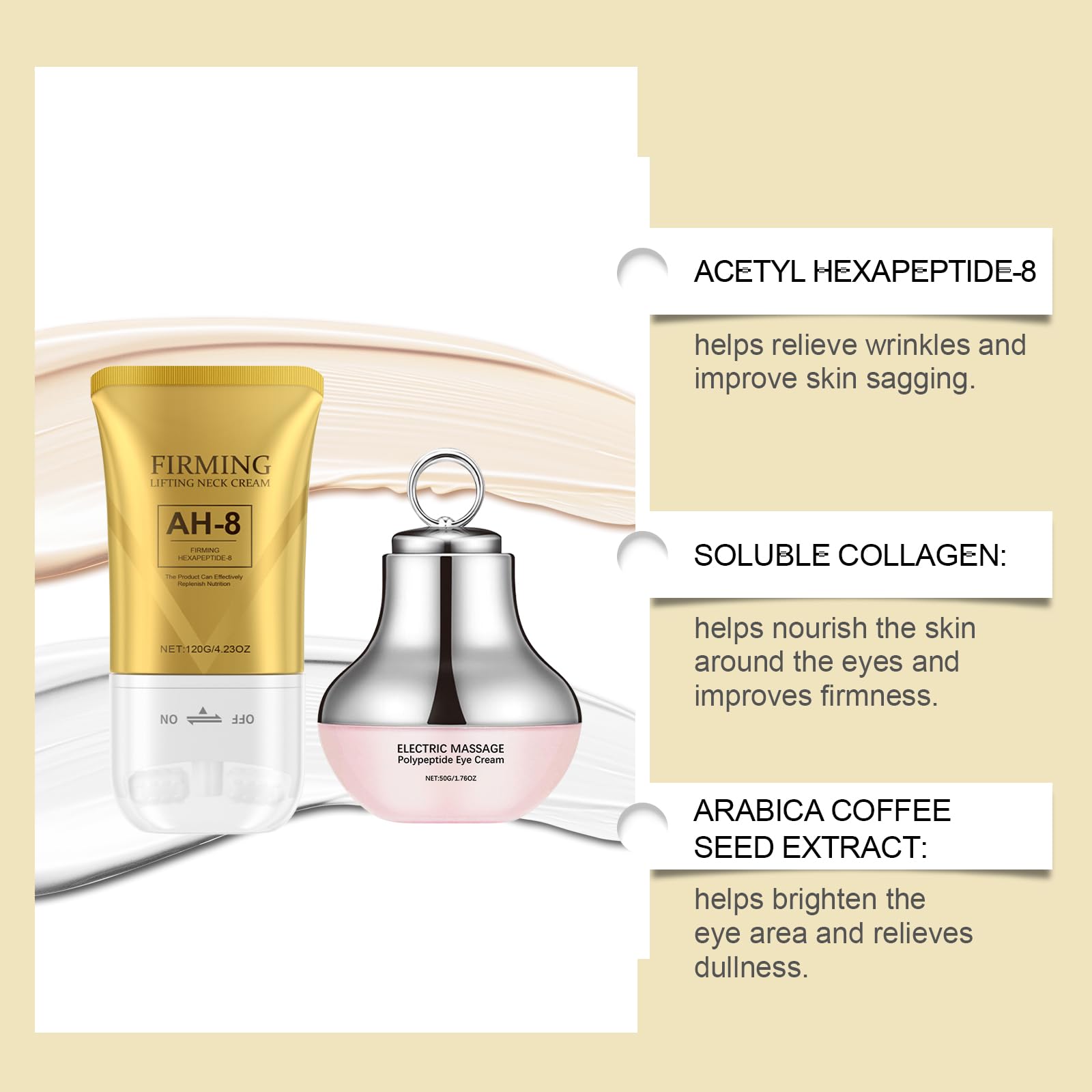 AH-8 skincare bundle showing cream tubes and massage device