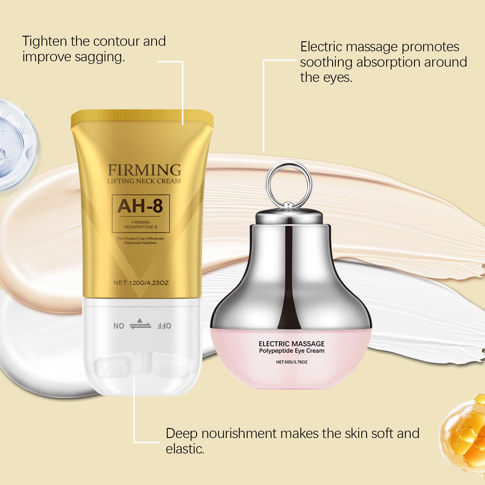 Application of neck cream on model using roller applicator