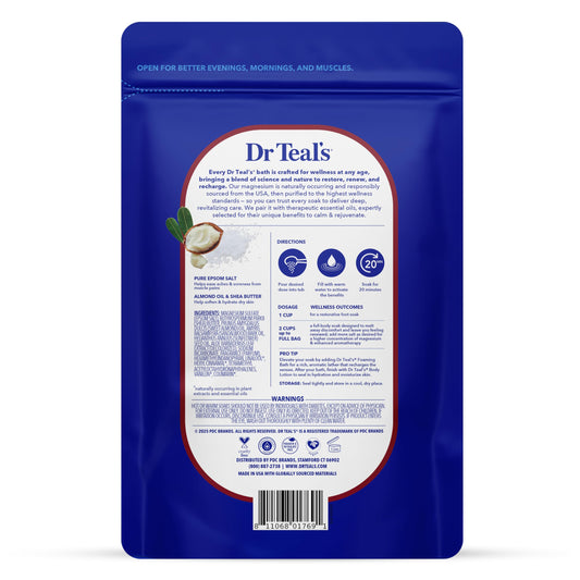 Dr Teal's moisturizing magnesium bath soak packaging displaying sweet almond oil and shea butter details
