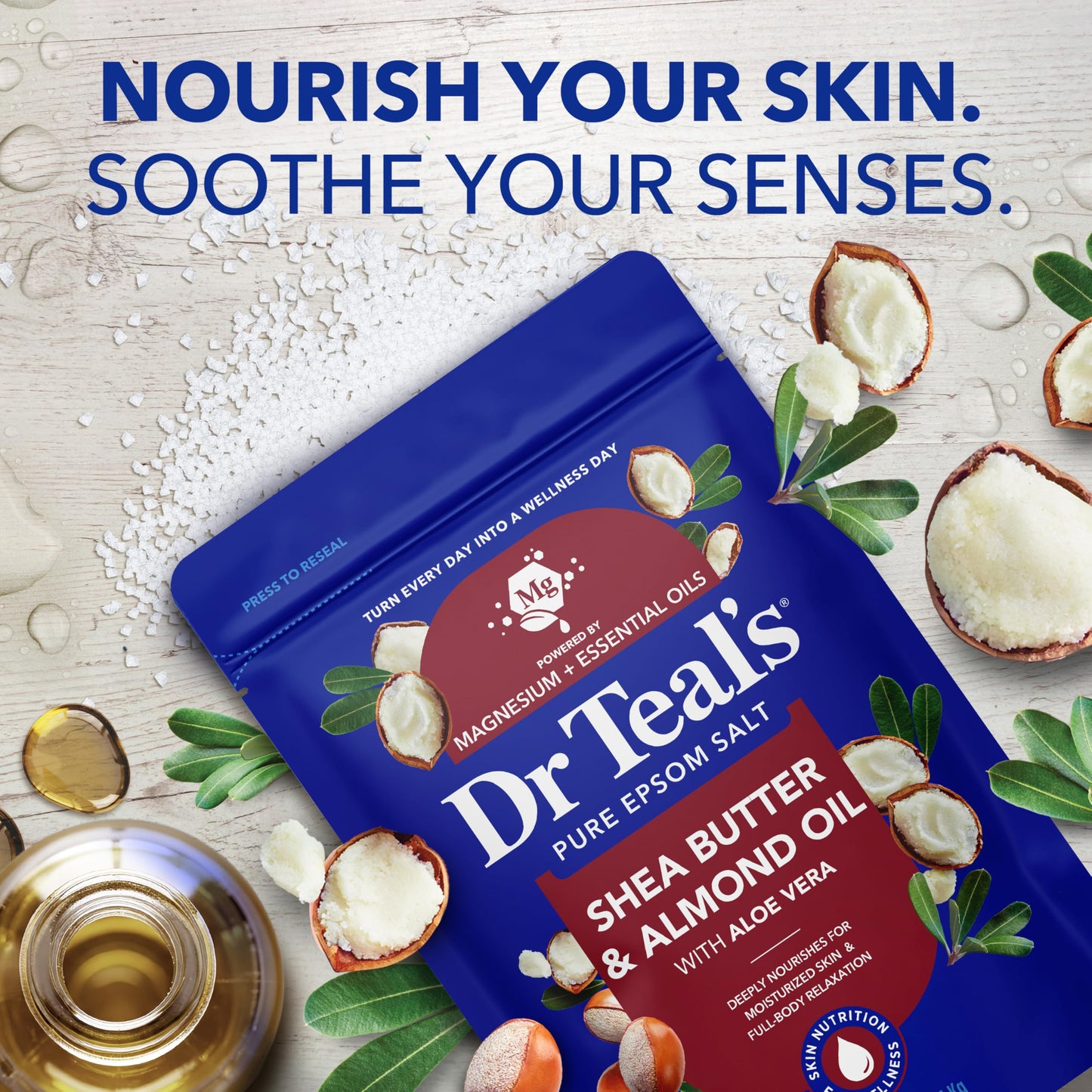Dr Teal's body soak three pounds resealable pouch highlighting skin softening and stress relief benefits