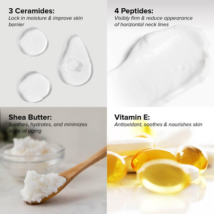 USA imported DRMTLGY neck cream container showing product details for wrinkle treatment.