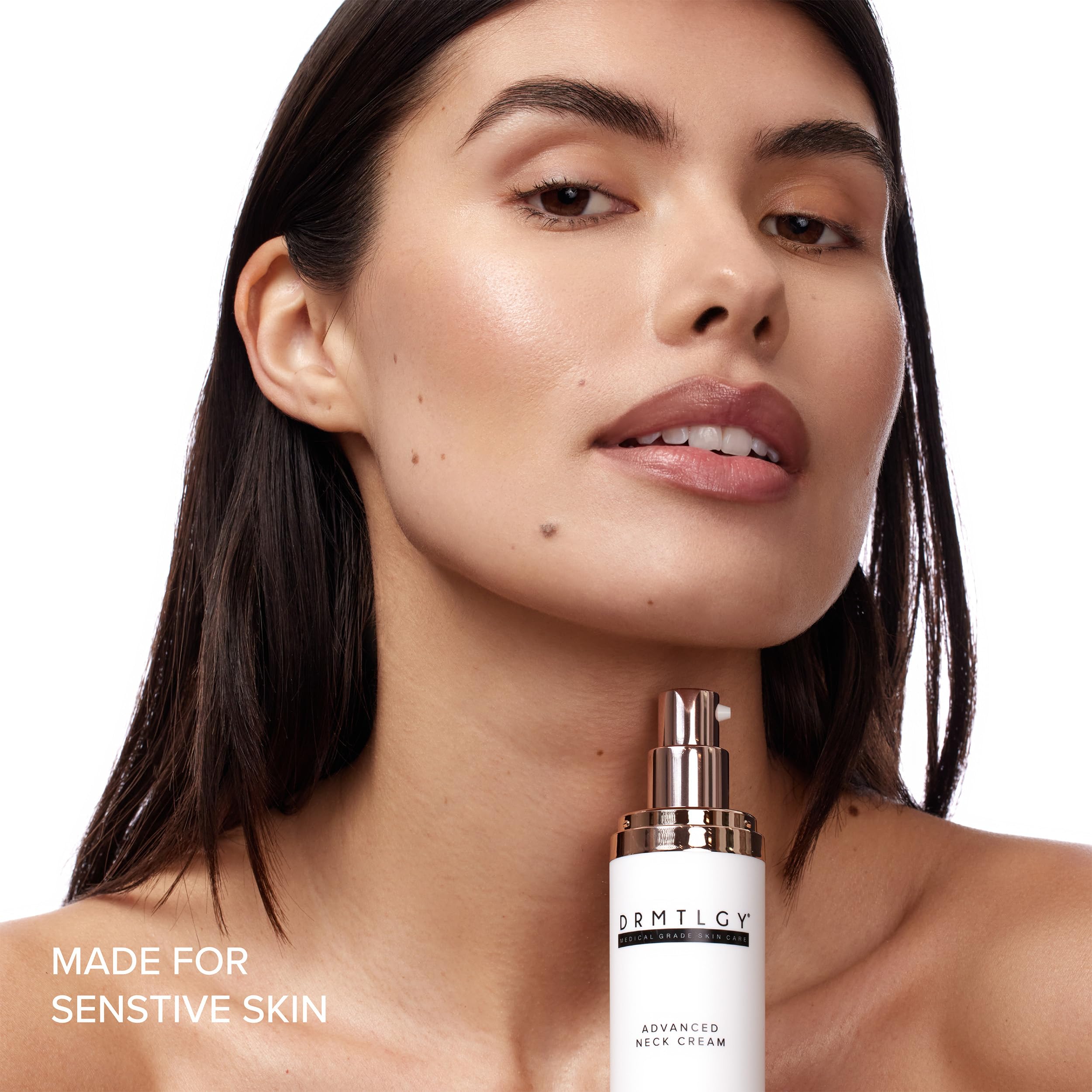 Authentic DRMTLGY advanced skin tightening formula jar for treating crepey neck skin.