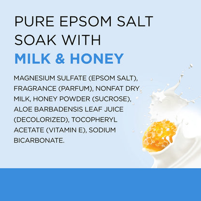 Full view of Dr. Teal's forty eight ounce Epsom salt bag with honey and milk elements