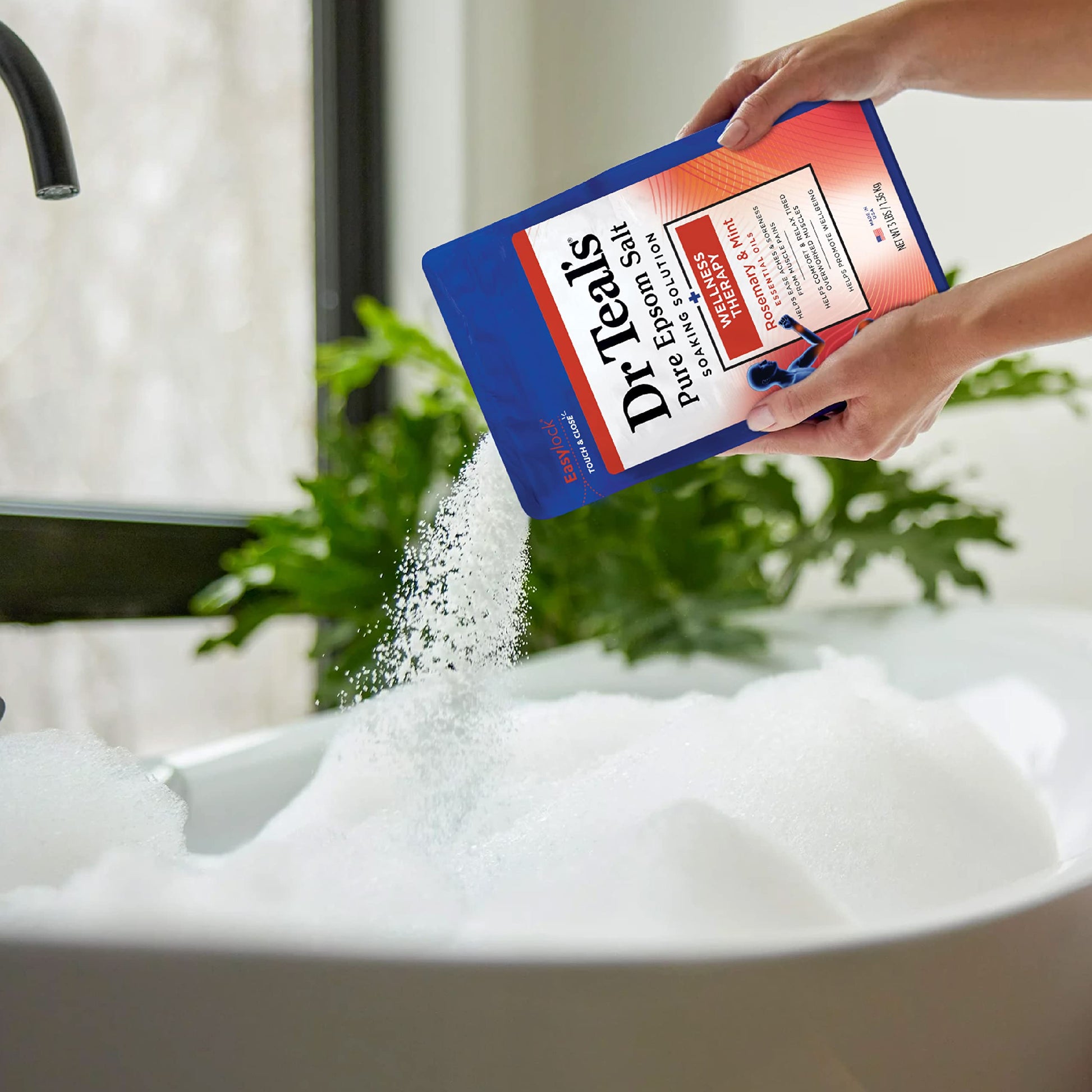 Dr Teal's wellness therapy calming bath minerals pour demonstration