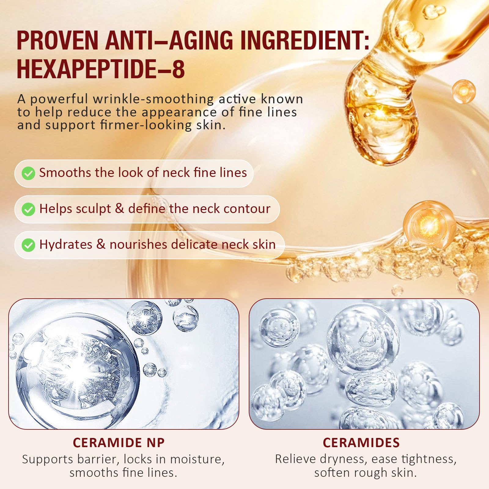 Liefiet golden neck cream for crepey skin showing the hydration and tightening product benefits.
