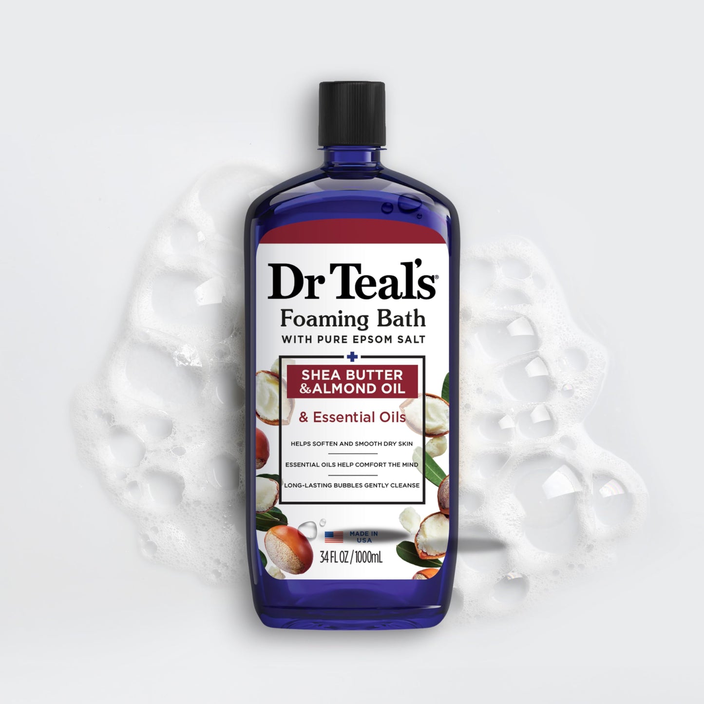 Back label of Dr Teal's foaming bath showing cruelty free and paraben free icons
