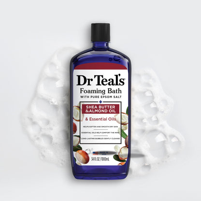 Back label of Dr Teal's foaming bath showing cruelty free and paraben free icons