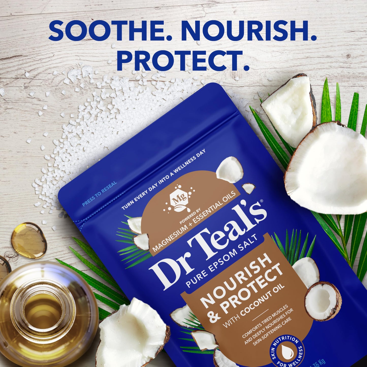 Close up view of the convenient Easylock top on Dr Teal's pure magnesium sulfate bath salt packaging