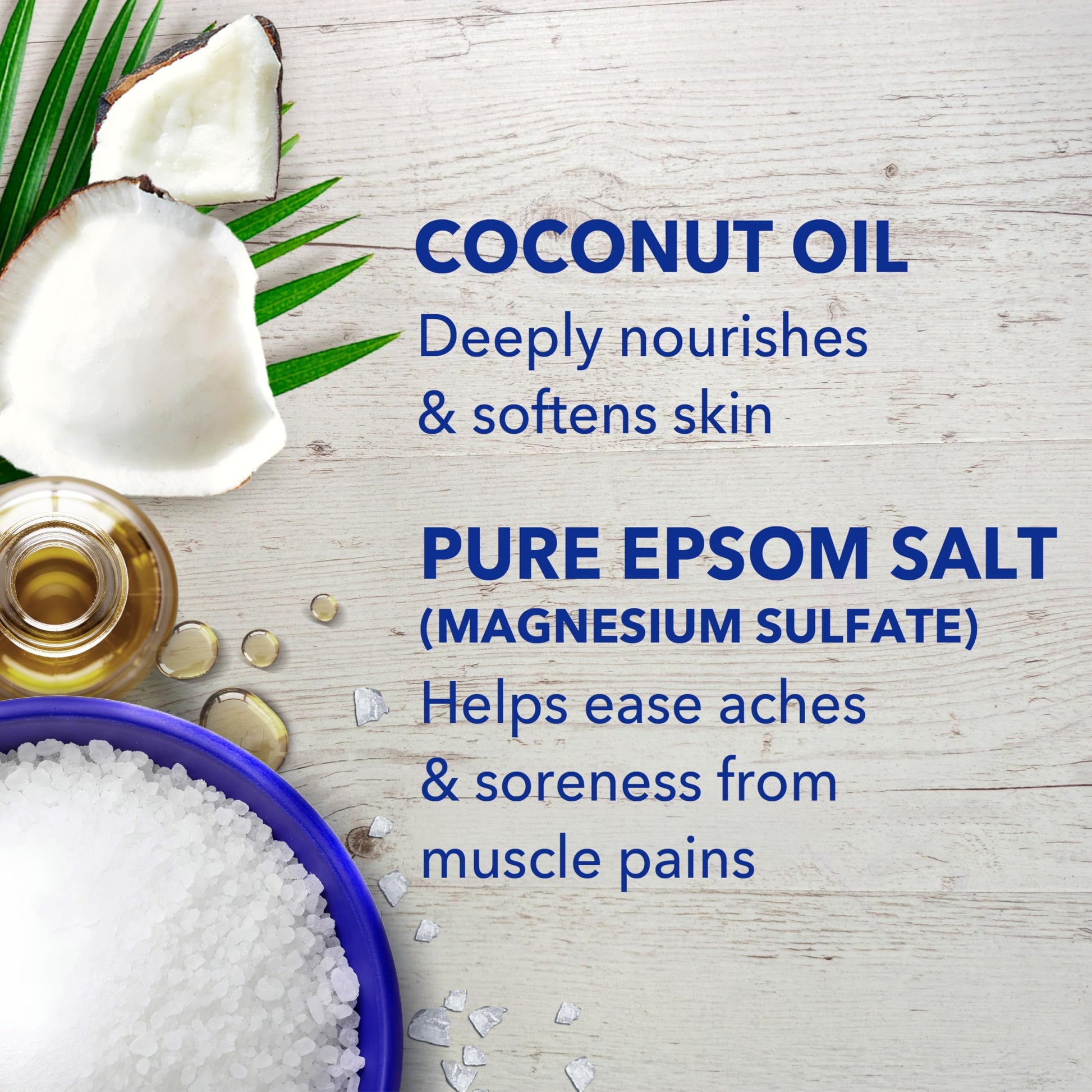 Dr Teal's coconut oil Epsom salt bag highlighting skin softening and stress relief benefits for wellness