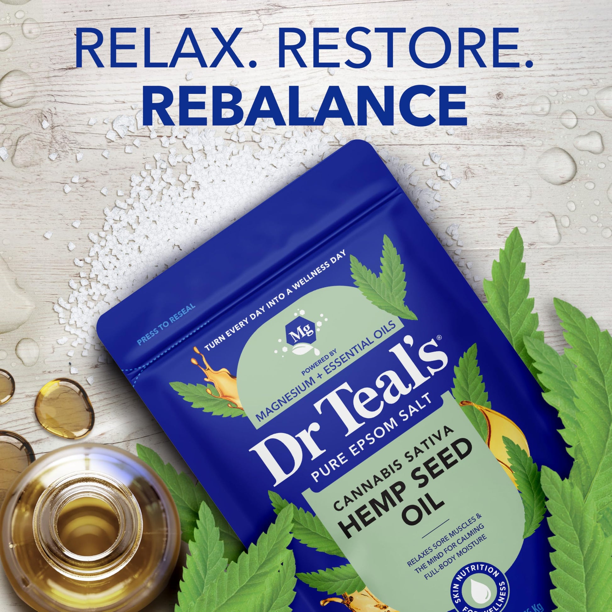 Pouring Dr Teal's pure epsom salt soak into warm running bath water for relaxation