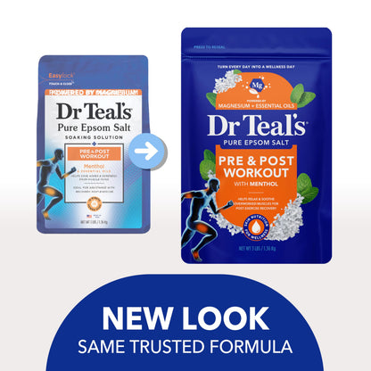 Back label of Dr Teal's Epsom Salt Workout formula detailing usage instructions and muscle relaxation steps.