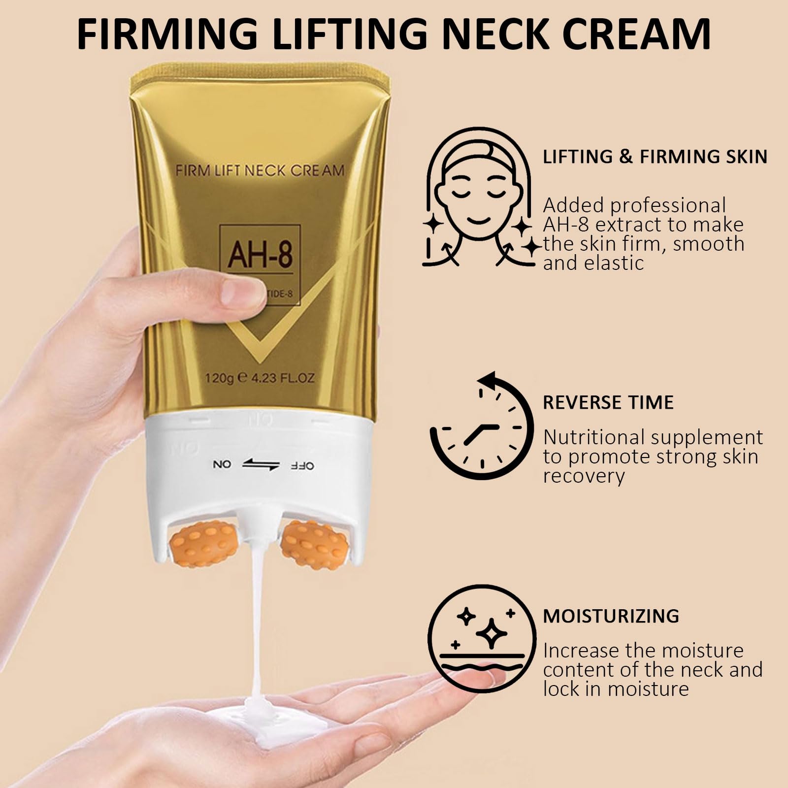 PEAQ neck tightening cream showing the innovative built-in massage roller applicator close up.