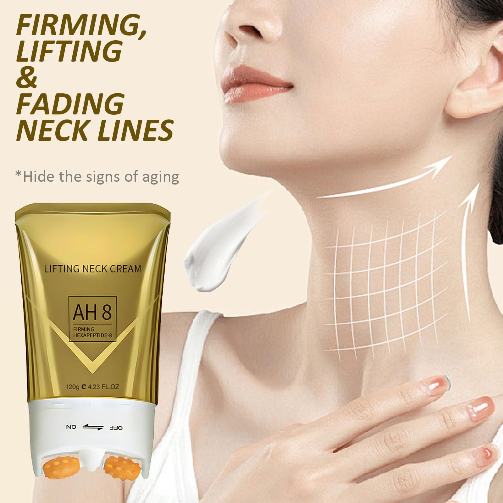 PEAQ anti-aging neck formula applied to the décolletage area for skin tightening benefits.