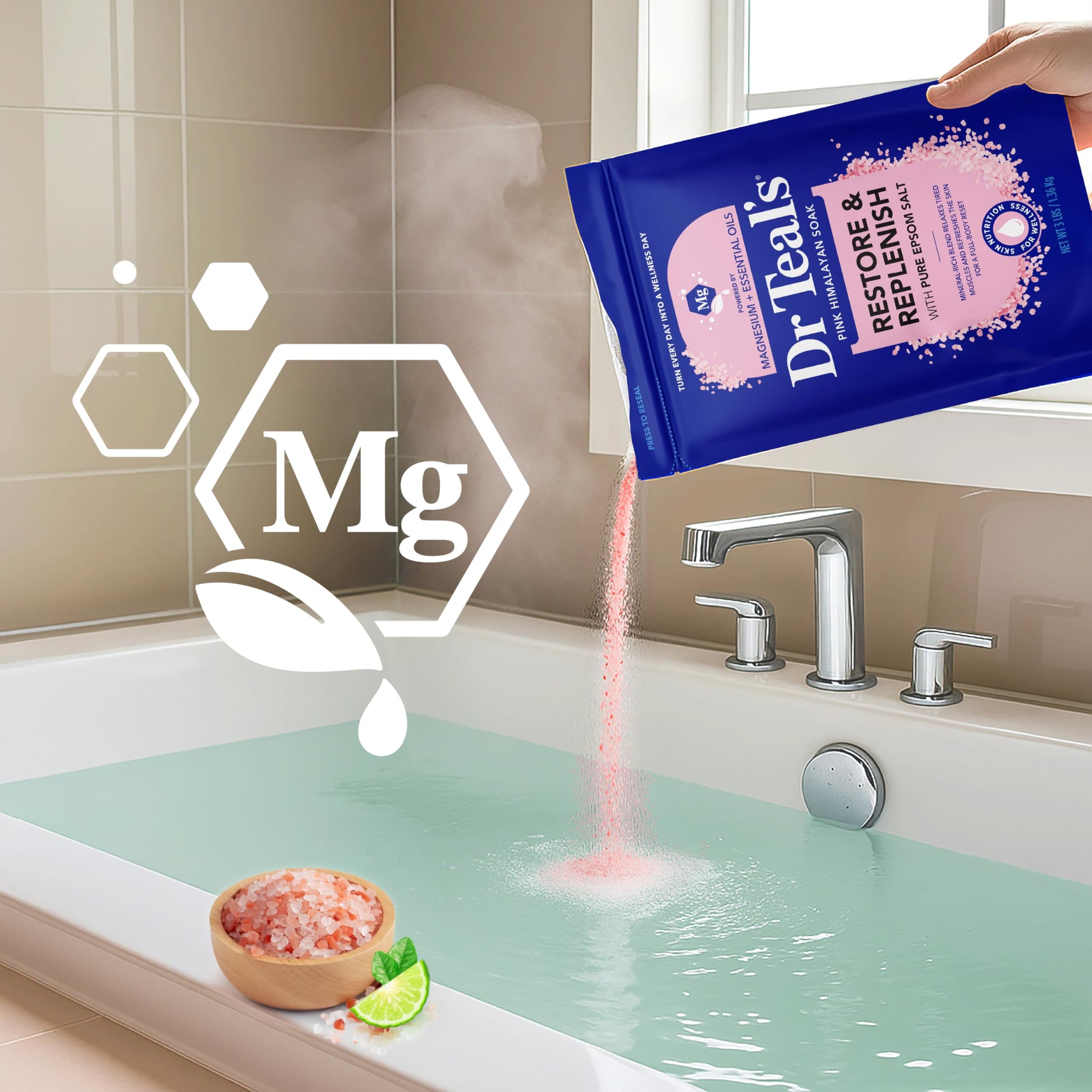 Dr Teal's bergamot and sweet orange essential oil infused Epsom salt packaging details