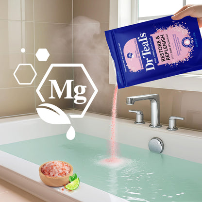 Dr Teal's bergamot and sweet orange essential oil infused Epsom salt packaging details