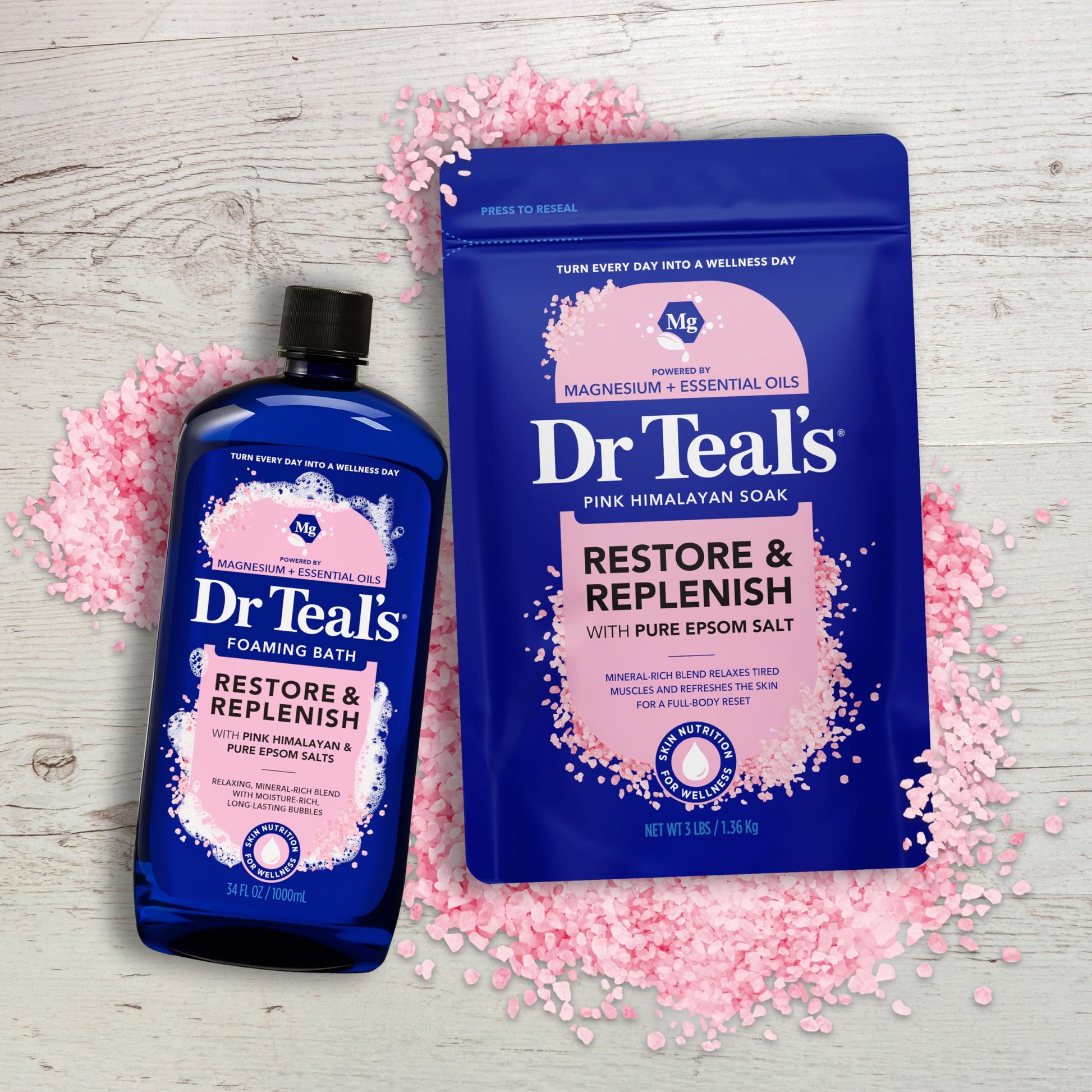 Dr Teal's Pink Himalayan Mineral Soak product label displaying magnesium benefits clearly