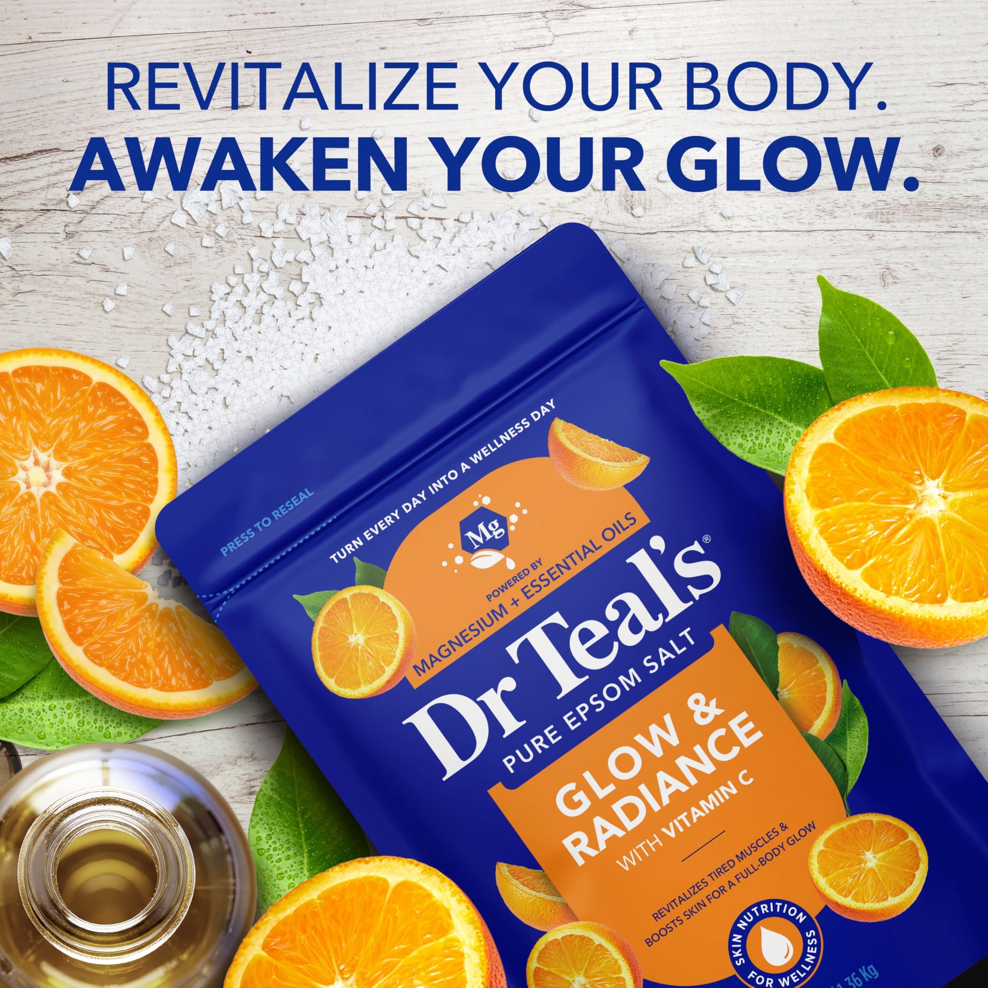 Dr Teal's pure magnesium sulfate crystals with citrus essential oils close up