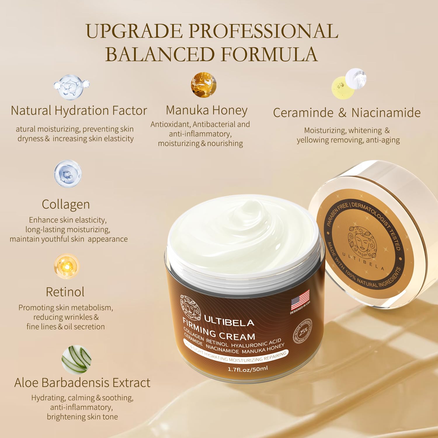 Side view of Ultibela 1.7 fluid ounce firming jar