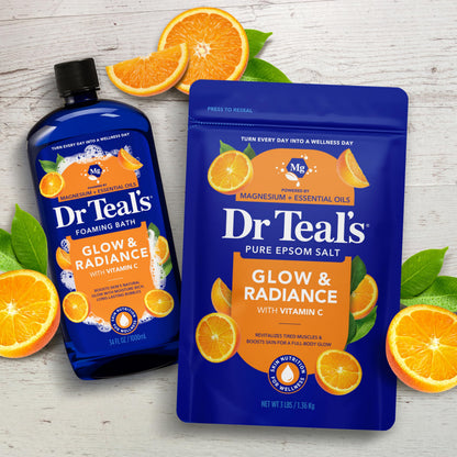 Dr Teal's Glow and Radiance product packaging showing vitamin C benefits