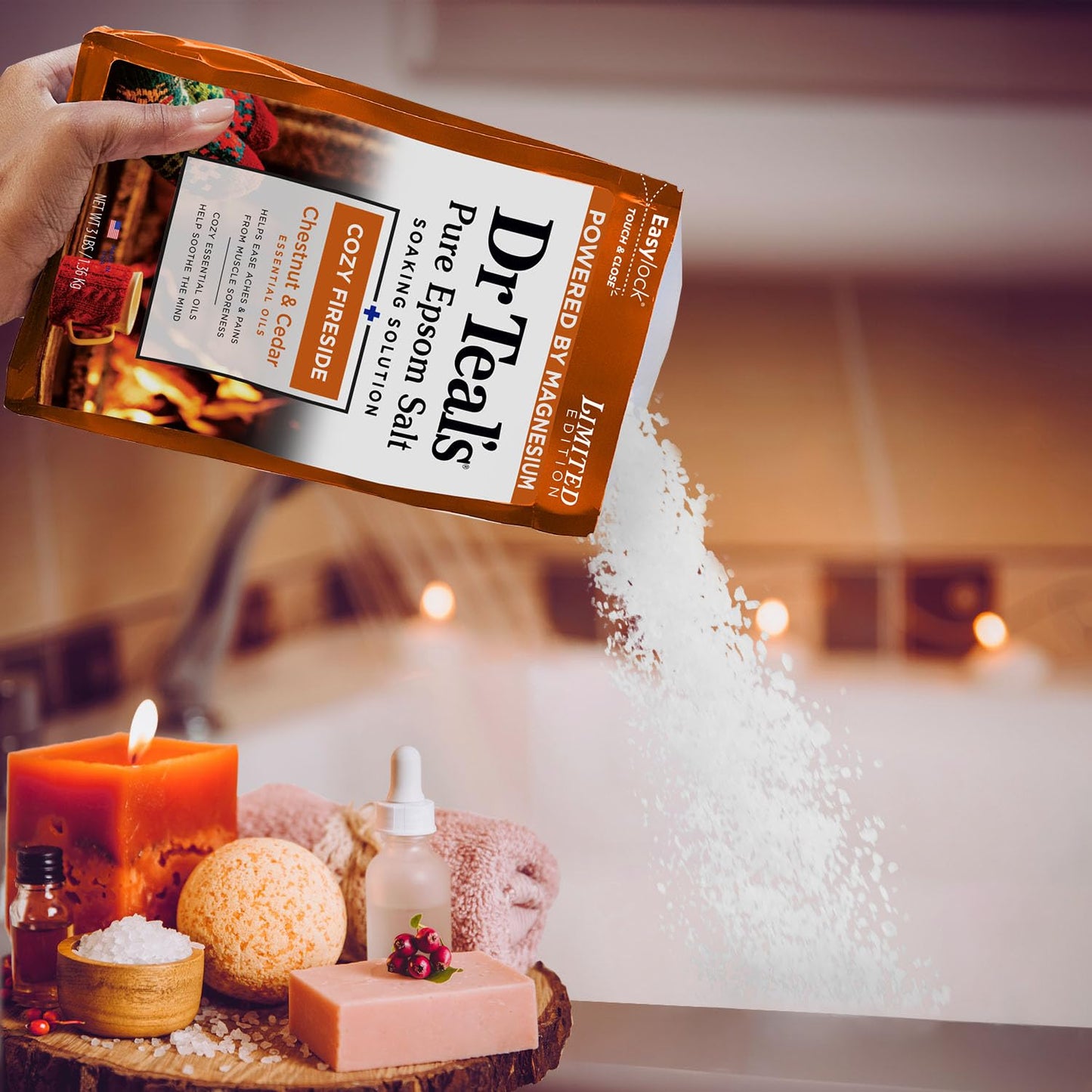Dr Teal's Cozy Fireside three pound bag standing upright on a bathroom shelf