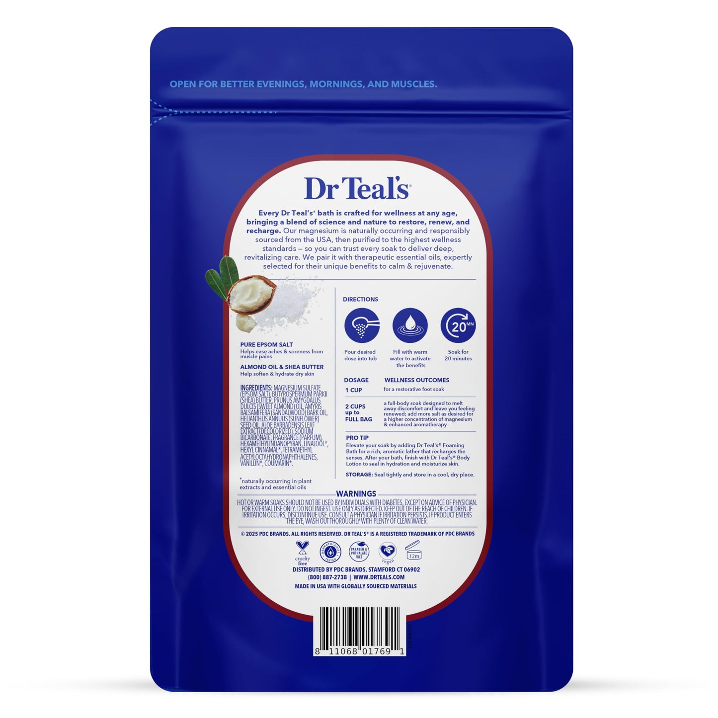 Back label of Dr Teal's Shea Butter and Almond Oil bath salts showing directions