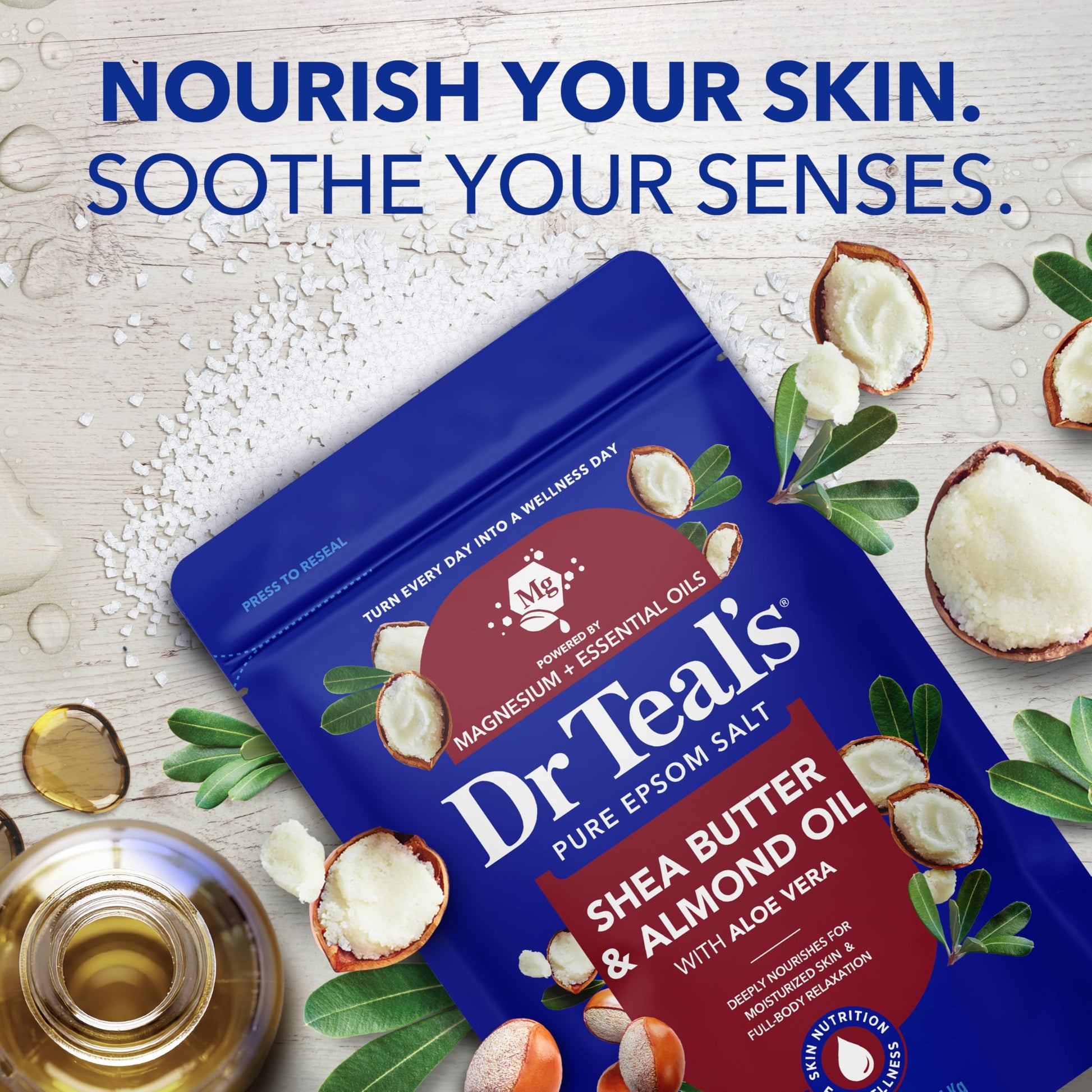 Close up of Dr Teal's magnesium soak packaging highlighting shea butter benefits