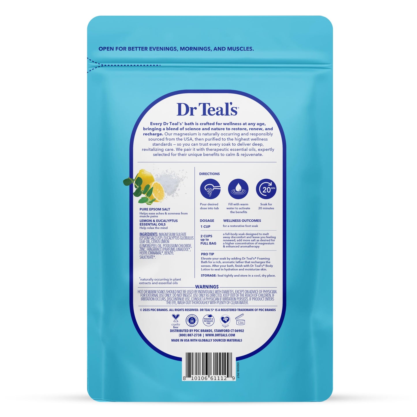 Dr Teal's Restorative Minerals soaking solution bag showing magnesium potassium and zinc benefits.