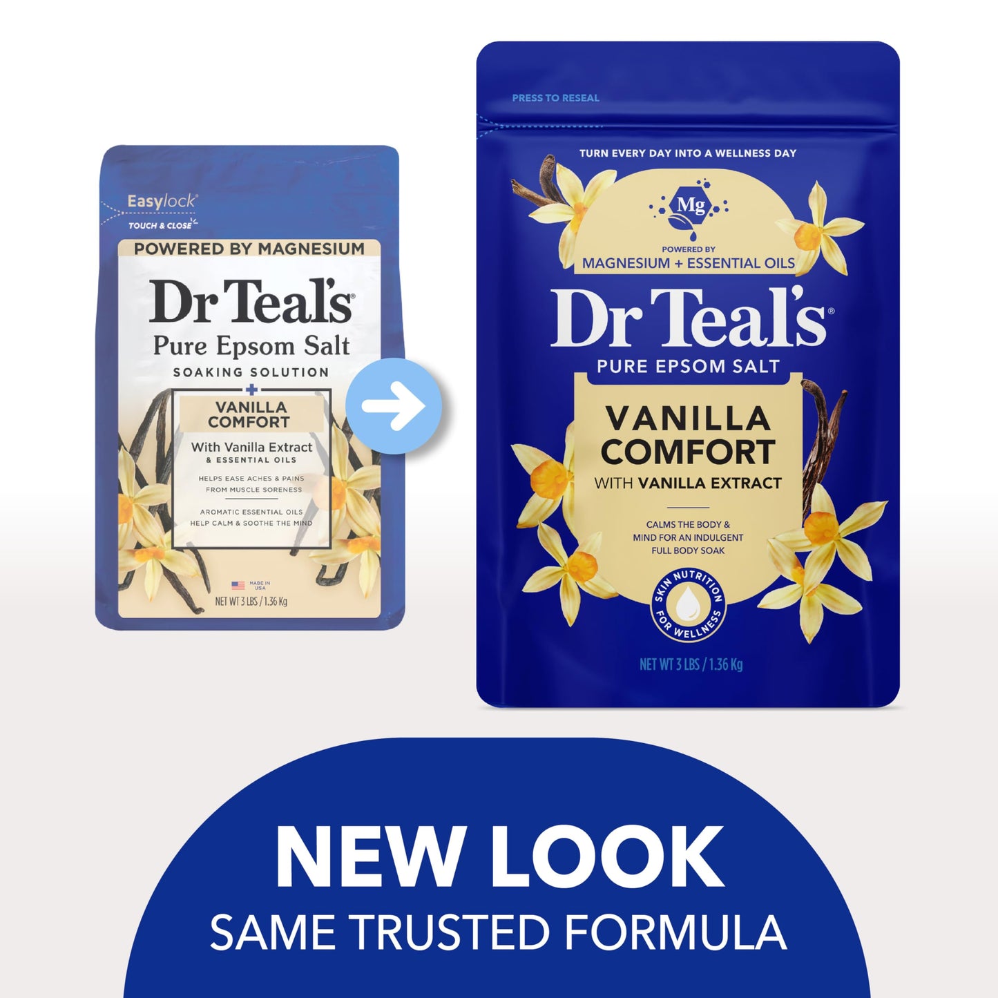 Back packaging of Dr Teal's Cozy Vanilla Season soaking solution showing directions and ingredients.
