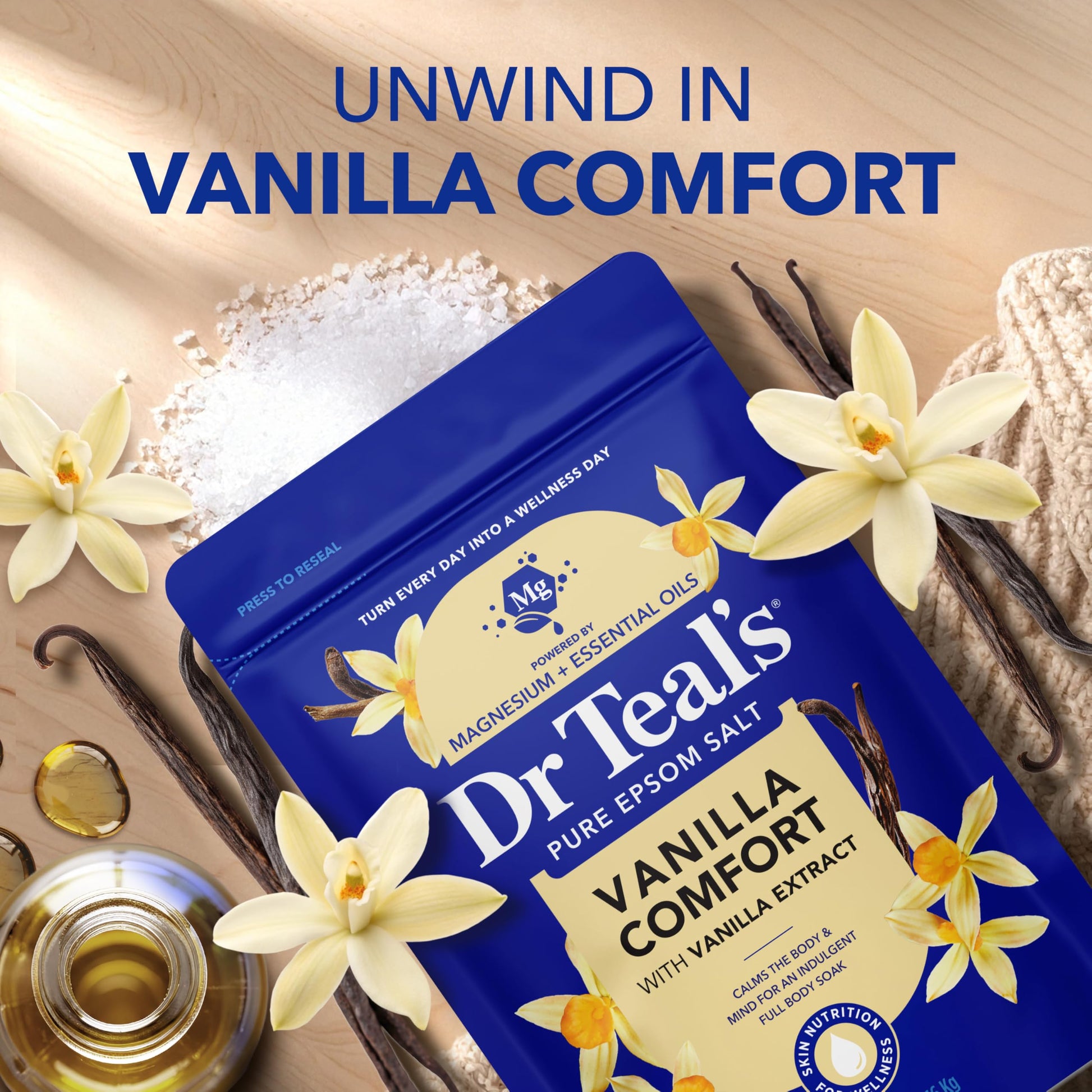Dr Teal's Epsom Salt 3 pounds bag standing upright on a clean wellness display setup.