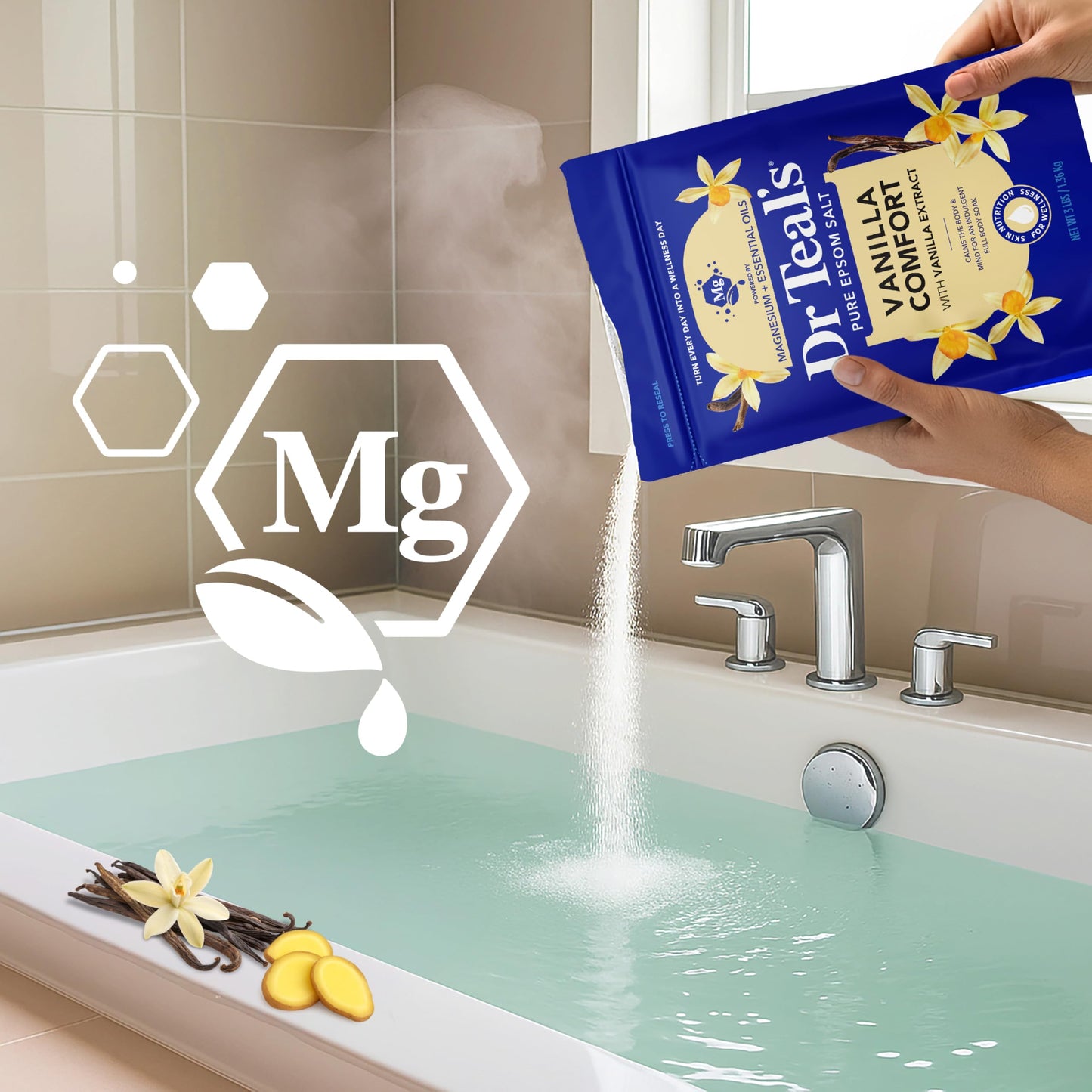 Premium imported USA bath salts from Dr Teal's featuring vanilla ginger and cardamom oils.