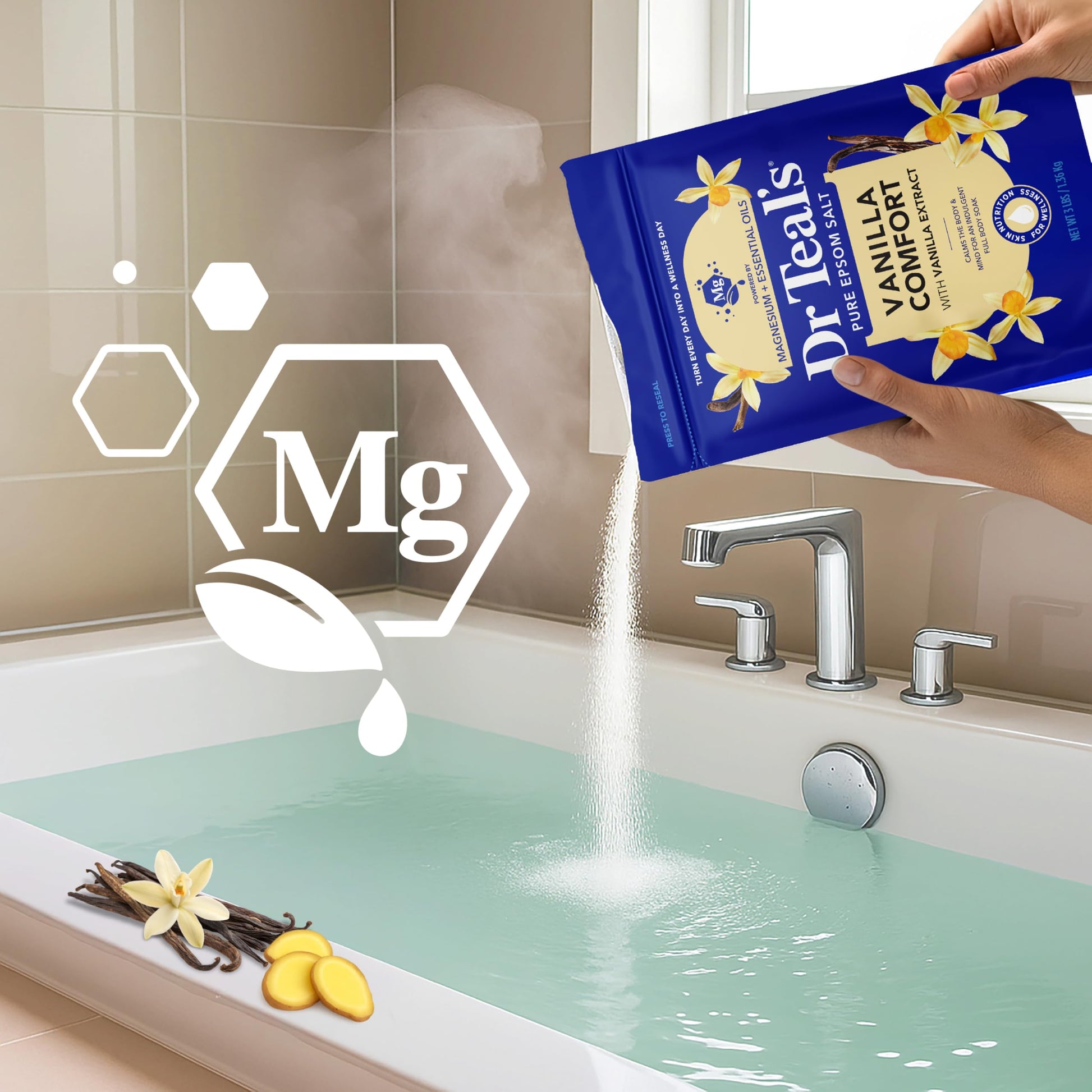 Premium imported USA bath salts from Dr Teal's featuring vanilla ginger and cardamom oils.
