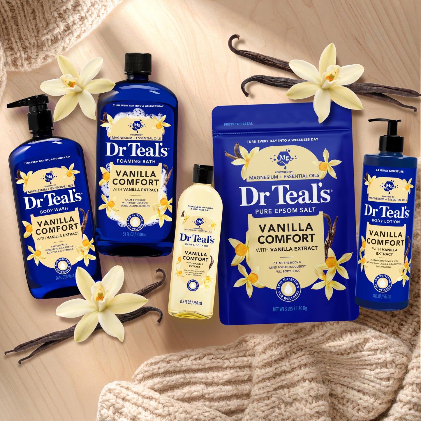 Dr Teal's vanilla comfort soothing bath salt bag highlighting the paraben and phthalate free seal.