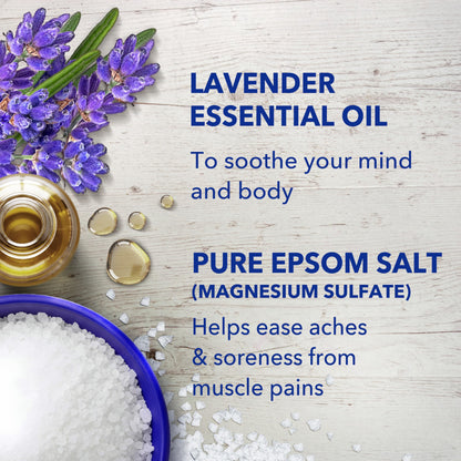 Two cups of lavender magnesium salt being poured into warm running bathwater