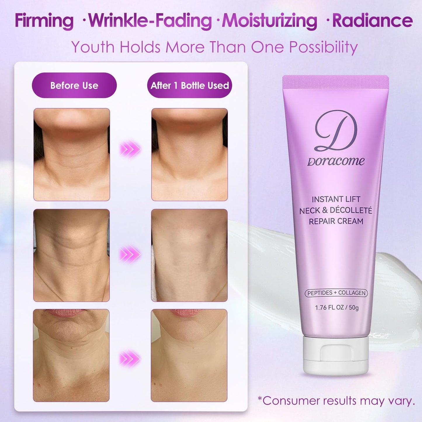 Doracome 1.76 fluid ounce neck cream packaging details and texture illustration