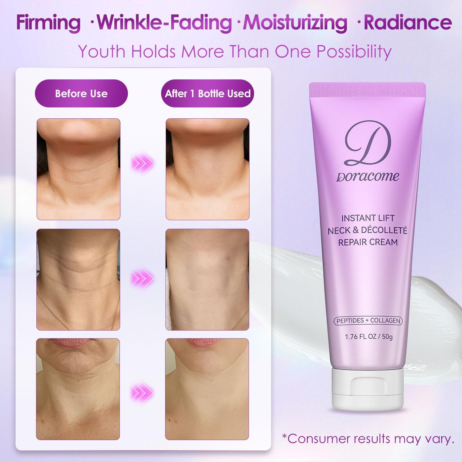 Doracome 1.76 fluid ounce neck cream packaging details and texture illustration