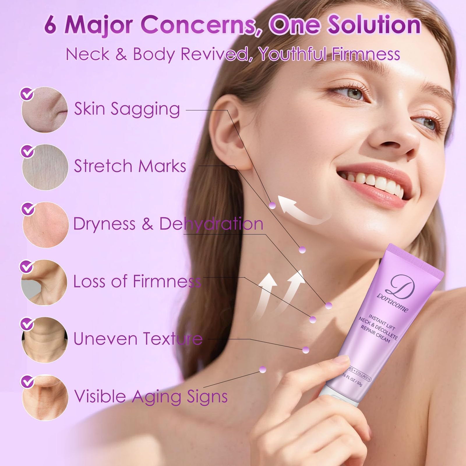 Doracome firming cream for crepey skin showing application on the chest and jawline
