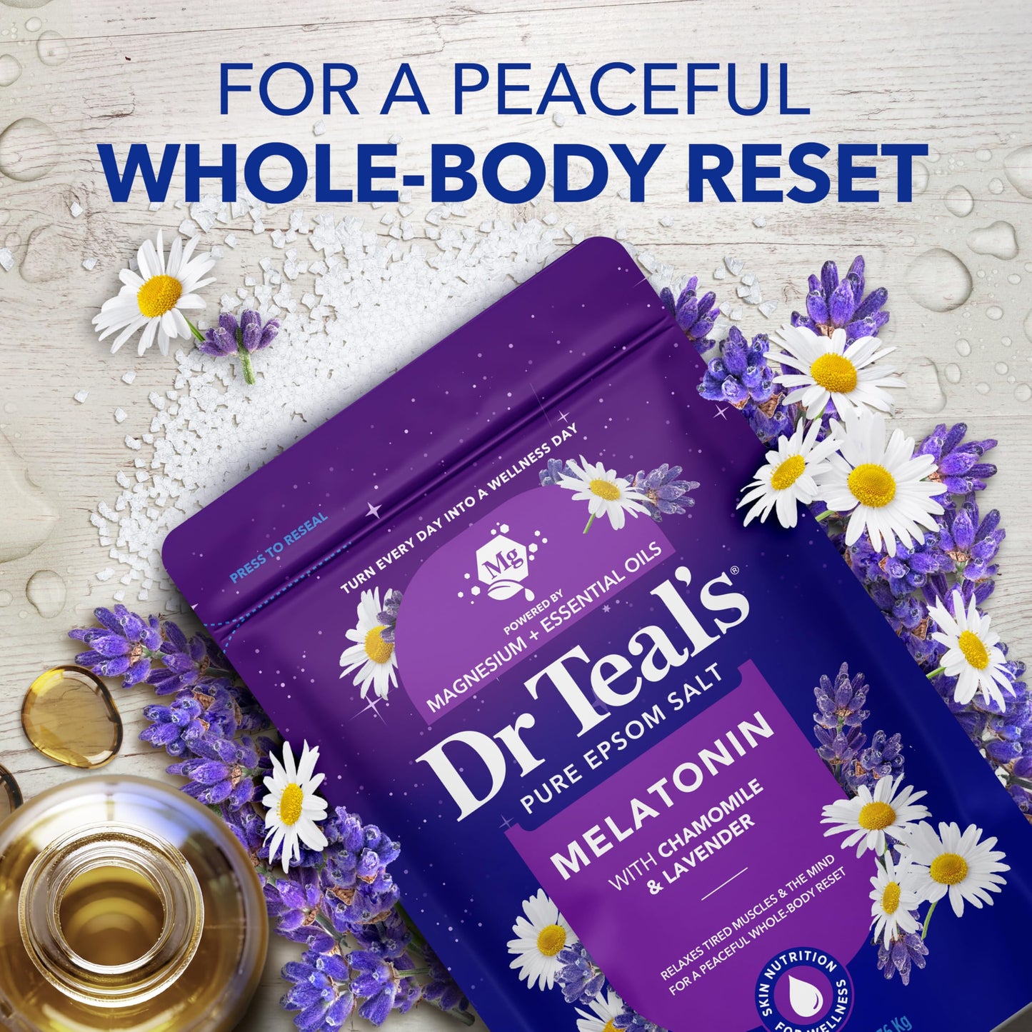 Pouring Dr Teal's magnesium sulfate sleep crystals under warm running water for bath therapy