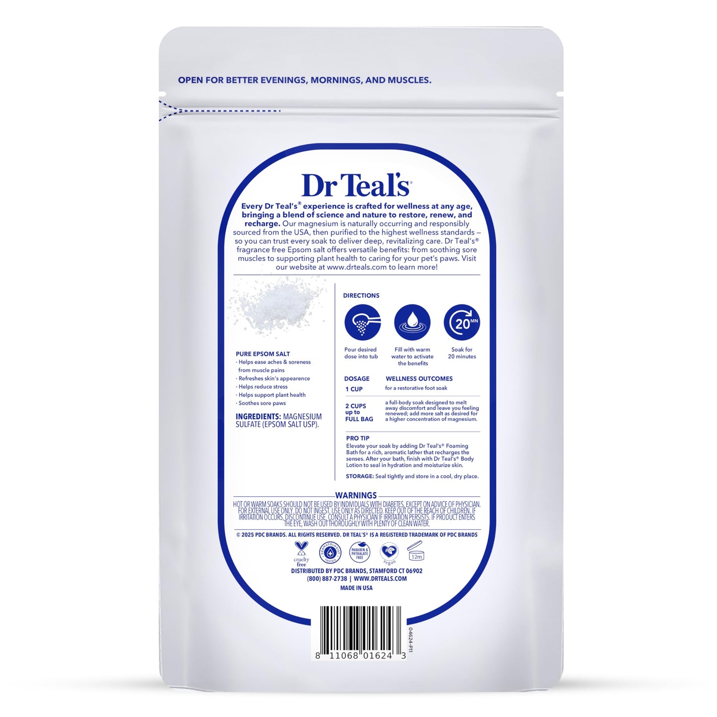 Dr Teal's unscented pure epsom salt soaking solution back label showing ingredients and directions