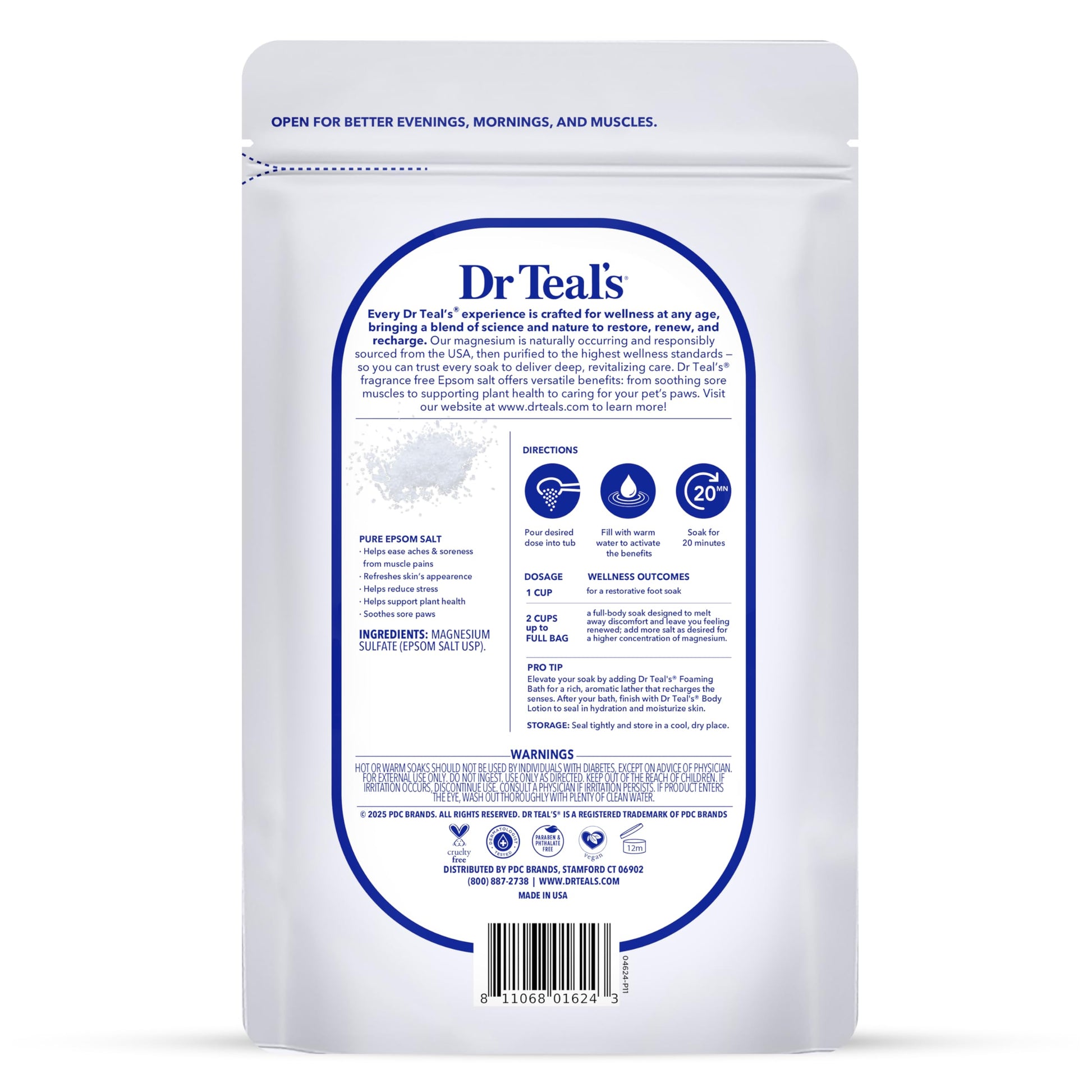 Dr Teal's unscented pure epsom salt soaking solution back label showing ingredients and directions