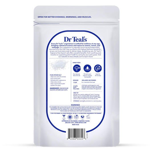 Dr Teal's unscented pure epsom salt soaking solution back label showing ingredients and directions