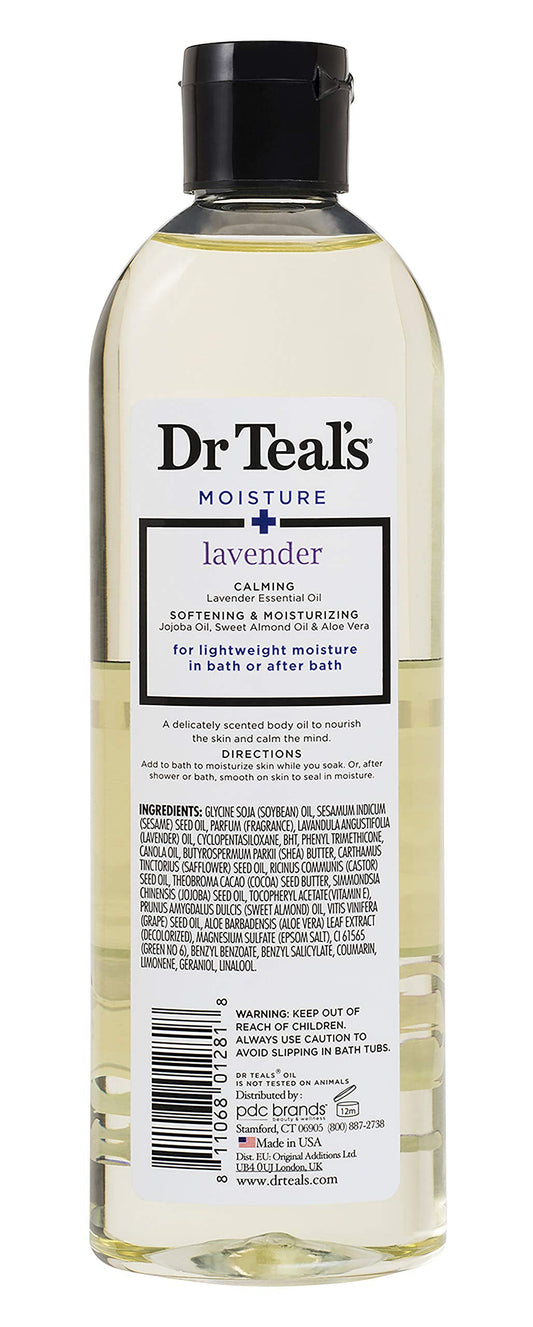 Dr Teal's Soothe and Sleep lavender body oil back label displaying ingredients and directions.