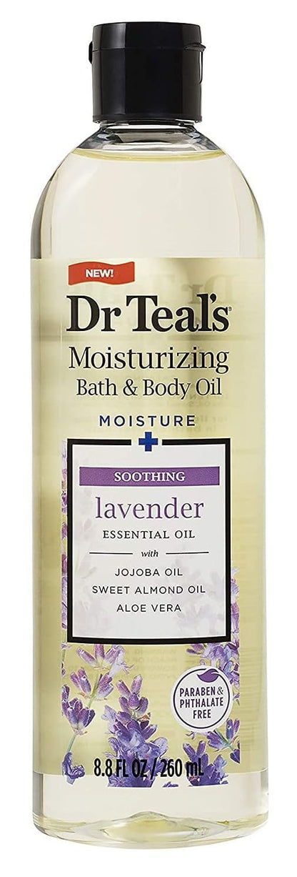 Lightweight Dr Teal's bath additive oil with pure Epsom salt and lavender being poured.